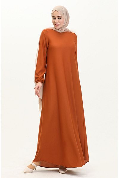 sefamerve Brick Colored Dress with Elastic Sleeve - 7777-02