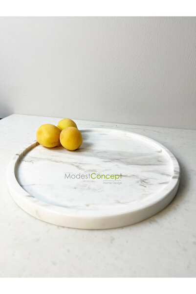 Modestmar Doğal Beyaz Mermer Yuvarlak Tepsi , Sunum Tabağı, Düzenleyici Volak...