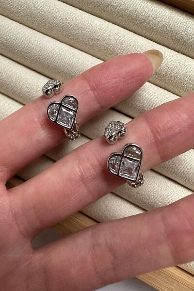 ringbox Gümüş Renkli Baget Taşlı Ikili Kalp Yüzük