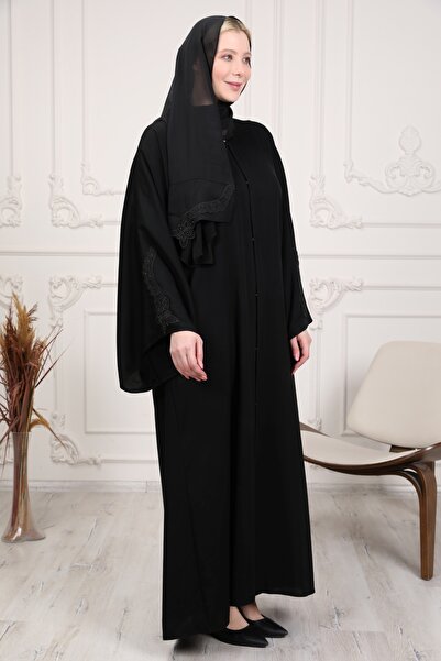 GigiTex Κομψό και υψηλής ποιότητας με μαύρη δαντέλα λεπτομέρεια Dubai Silk Shawl Abaya Ferace