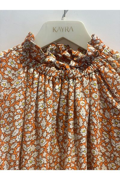 Kayra Floral Patterned High Collar Balloon Sleeve Tunic