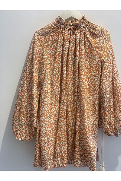 Kayra Floral Patterned High Collar Balloon Sleeve Tunic