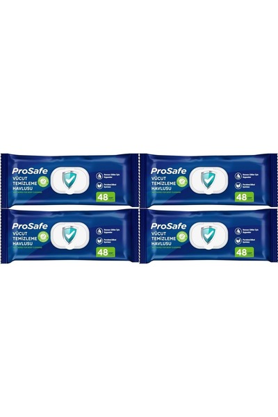 PROSAFE Hasta Vücut Temizleme Islak Mendil Havlu 48 Yaprak XL (4 Lü Set) Plastik Kapak