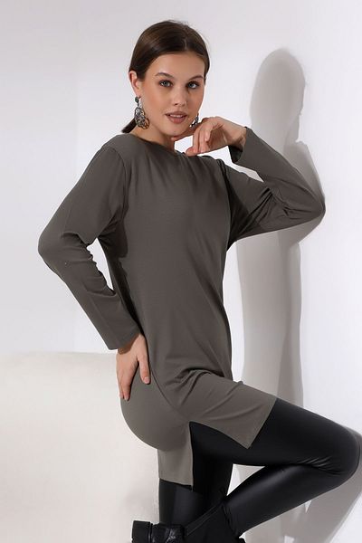 Endies Long Sleeve Slit Crew Neck Lycra Tunic 20398 Khaki