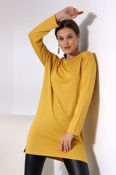 Endies Long Sleeve Slit Crew Neck Lycra Tunic 20398 Mustard