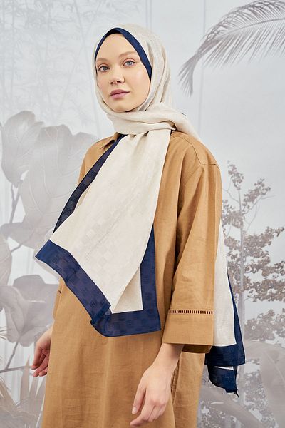 ARMANDA Dama Monogram Shawl - Navy Blue-Beige