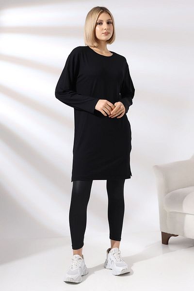 Endies Long Sleeve Slit Crew Neck Lycra Tunic 20398 Black