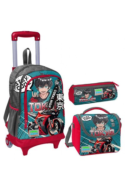 Coral High Gray Anime Motorcycle Bag Set for Boy - Triple Squeegee and Lighted Wheel