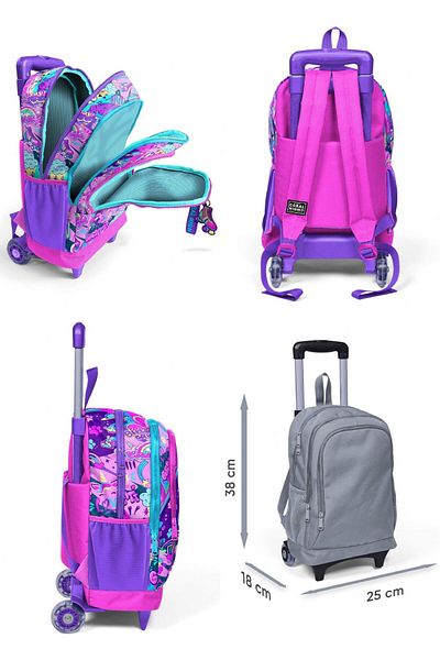 Coral High Graffiti Patterned - Triple Squeegee Lighted Wheeled Bag Set for Girls