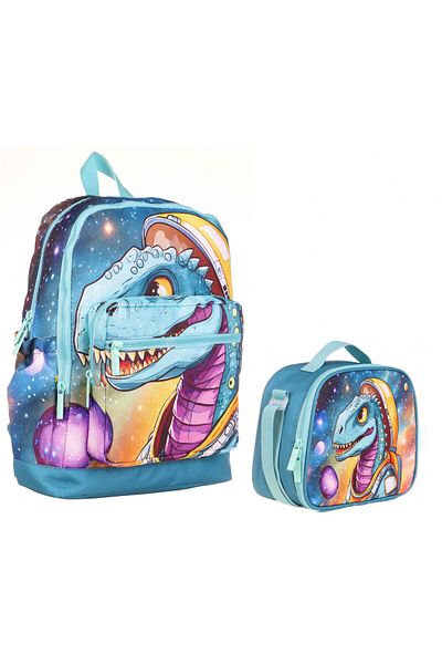 KAUKKO Set de rucsac și geantă de prânz pentru școală primară din dinozaur turcoaz pentru băiat