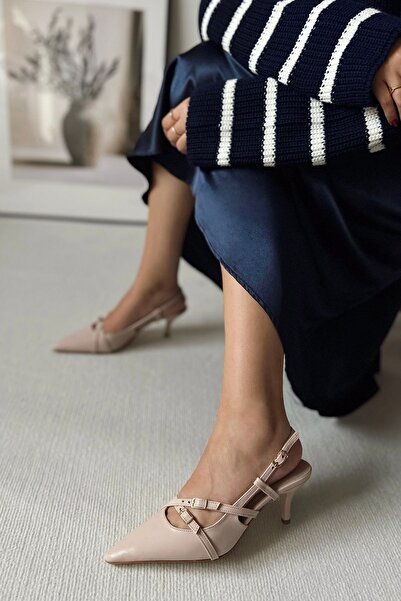 POLKA STORE Obsession Dual Sivri Burun İki Bantlı Tokalı Bej Nude Ten Ekru Mat Deri Topuklu Kadın Ayakkabı