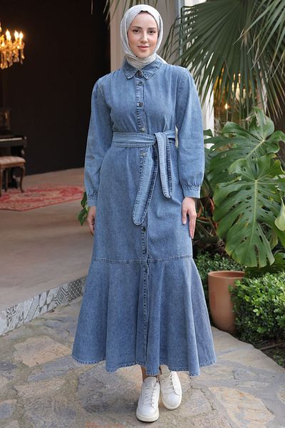 benguen Τζιν Φόρεμα Navy Blue Hijab - Κουμπωτό, Γυναικείο, 6807
