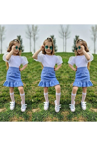 Rainbow Kız çocuk kot 2 li takım kollar simli tül detaylı