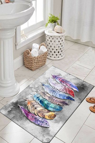 Else Halı Colorful Ethnic Feathers Patterned Printed Washable Non-Slip Base Single Bathroom Rug Mat