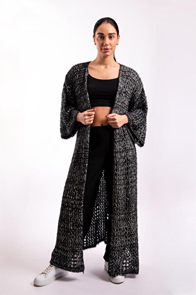 Gils Butik Yumoş Uzun Siyah Beyaz File Hırka