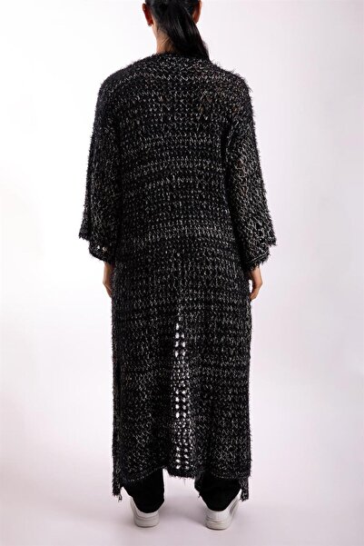 Gils Butik Yumoş Uzun Siyah Beyaz File Hırka