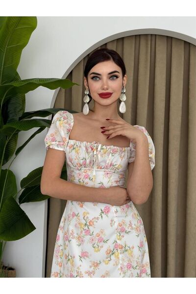 Julishop Julidress Λευκό φλοράλ στάμπα με τετράγωνο λαιμό δέσιμο στο στήθος P...