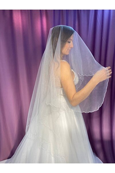 sanem moda حجاب زفاف مطرز باللون الأبيض الفاتح - حجاب نيكا طبقة واحدة 150 سم ...