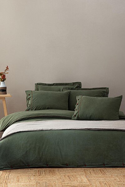 Ecocotton Havin Yeşil Çift Kişilik %100 Organik Pamuk Saten Parça Boyalı Nevr...
