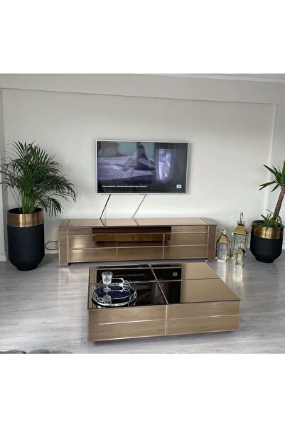 LUXURY VİLLA Luxury Bronz Aynalı 2 Li Set Orta Sehpa 90x90 Yükseklik 32 Cm Tv...