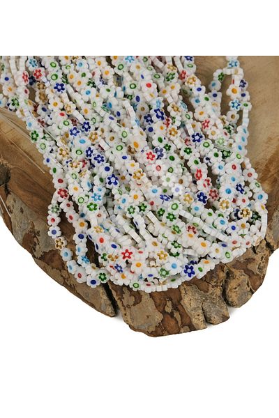 Prestij Boncuk White Floral Patterned Murano Glass Beads