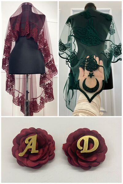 ZEYMERADE Bordo Kına Duvağı, Gelin Duvak Seti Damat Omuz Örtüsü Şalı El Gülü 8 Parça Takım