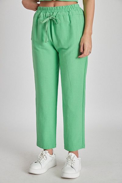 Suzi butik Green Linen Textured Women's Trousers - Lace-up 50371