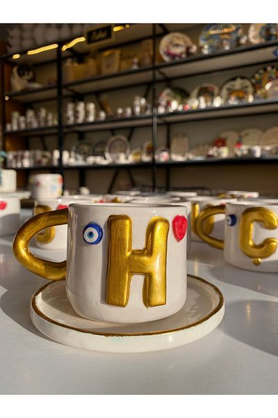 Banuart Lettered Evil Eye Beaded - Heart Ceramic Coffee Cup, Gift Handmade