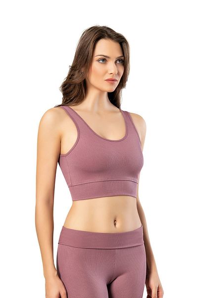 LEYNA BUTİK Women's Ribbed Fabric Wide Strap Blouse with Removable Pads - Half Tank Top (Light Plum)