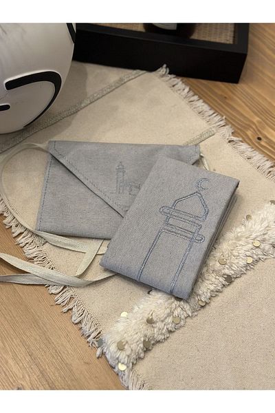 ENSARHAC-UMRE MALZEMELERİ Minimal Kaaba Embroidered Linen Bag Prayer Rug