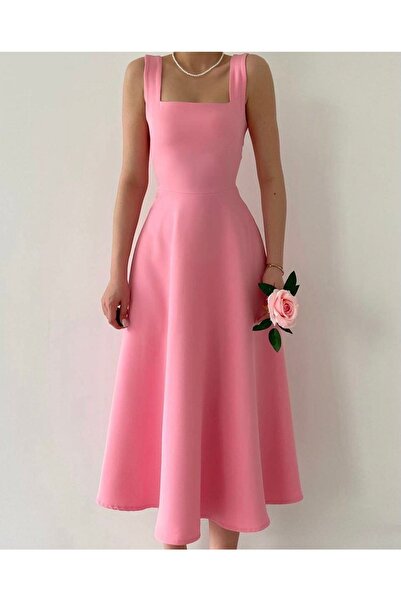 Afiş Butik Růžové midi šaty se čtvercovým límcem s tlustým páskem