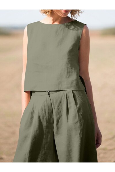 1tarz Toridas Linen Women's Casual Set - Comfortable Sleeveless, Lower Top Set Ln08khaki8