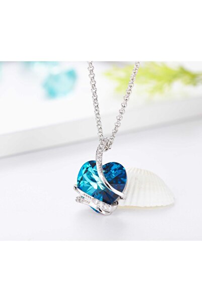 Monemel Taşlı Sevgiliye Hediye Mavi Kalp Kolye (ALTIN KAPLAMA) Sevgililer Gunu Ozel