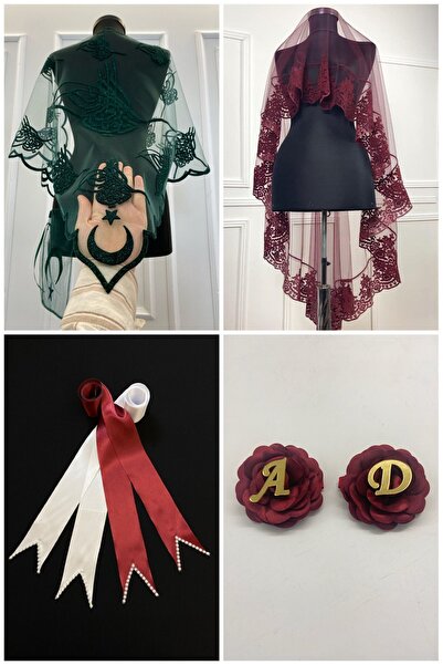 ZEYMERADE Bordo Gelin Duvak Seti, Damat Omuz Örtüsü, Takı Kurdele, El Gülü, K...