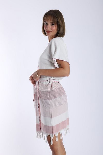 My-o Kimono din bumbac autentic cu dungi albe/visiniu
