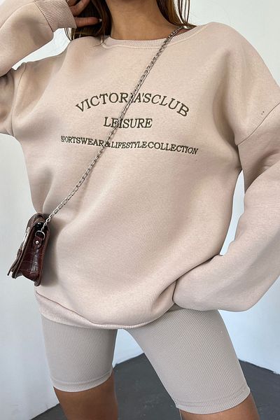 Sun Victoria Oversize Cream 3 Thread Raised Embroidered Combed Cotton Sweatshirt