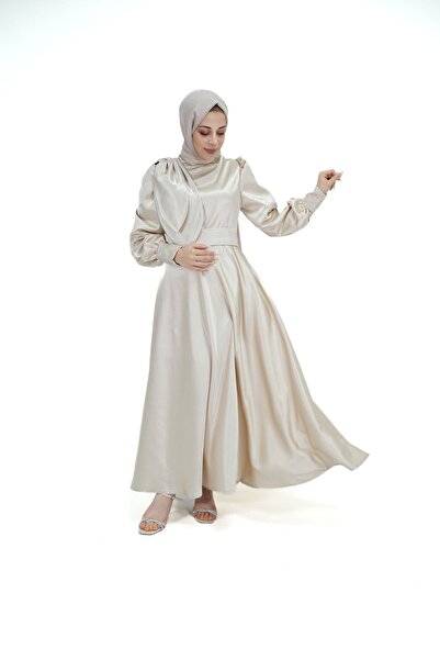 Yegane Moda Evi Kadın Bej Tesettür Kemerli Saten Abiye
