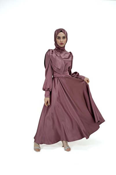 Yegane Moda Evi Kadın Gül Kurusu Tesettür Kemerli Saten Abiye