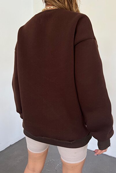Sun Victoria Unisex Oversize Kahverengi 3 Iplik Şardonlu Nakışlı Penye Sweatshirt