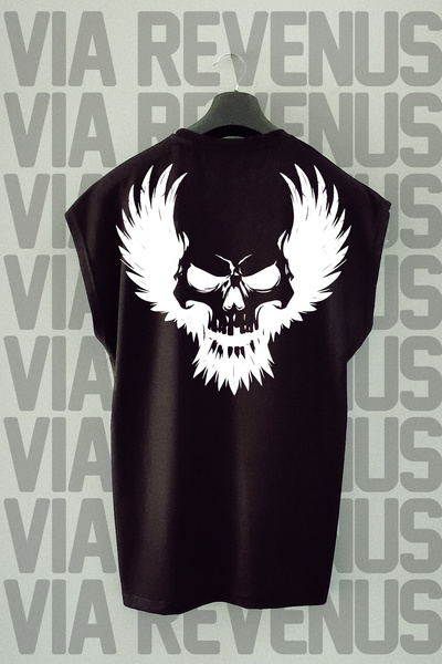 Vordevia Μαύρο αθλητικό μπλουζάκι - Κρανίο στο πίσω μέρος, μηδενικό μανίκι