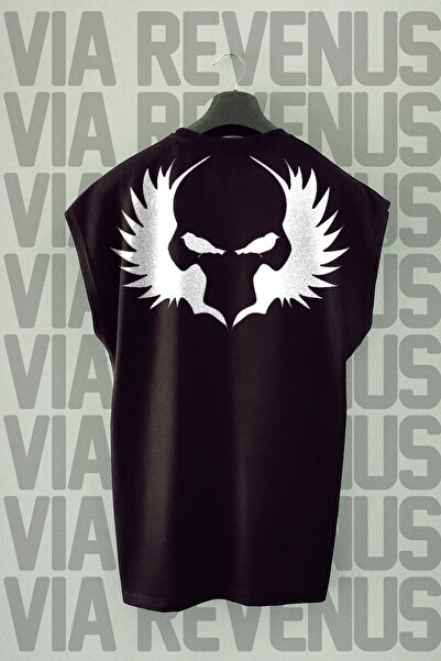 Vordevia Μαύρο αθλητικό μπλουζάκι - Κρανίο στο πίσω μέρος, μηδενικό μανίκι