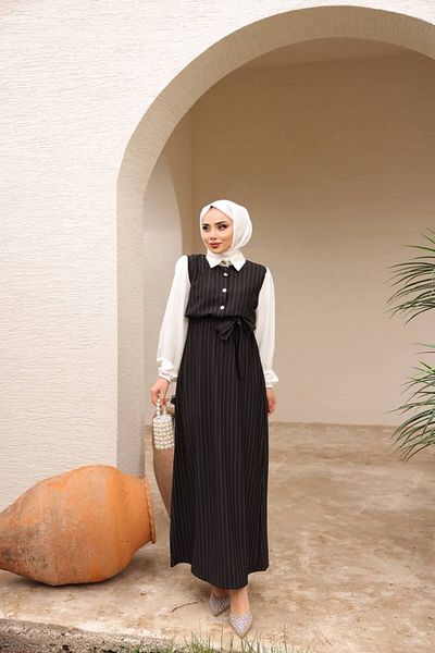 asyadabutik Belted Gold Buttoned Striped Hijab Dress