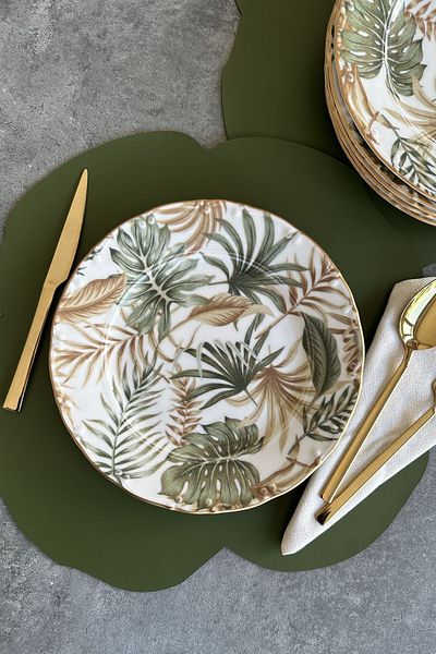porselenden Iklim Matte Gold Gilded 25 Cm Set of 6 Porcelain Flower Patterned Serving Plates for 6 Persons