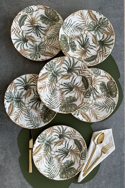 porselenden Iklim Matte Gold Gilded 25 Cm Set of 6 Porcelain Flower Patterned Serving Plates for 6 Persons