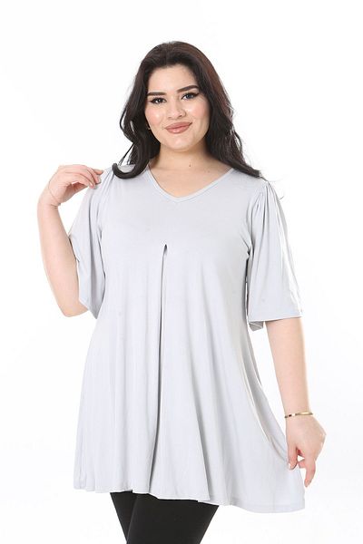 Şans Gray V-neck Long Blouse - Plus Size, A Pleated Front Design, 65N38114