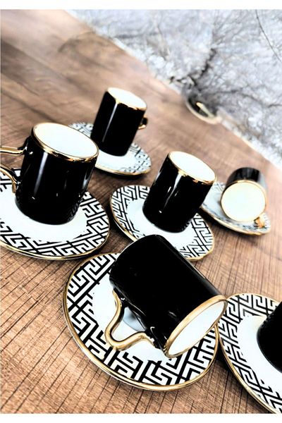 Rossel Premium Porcelain Versacee Pattern Luxury Turkish Coffee Cup Set 6 Pieces