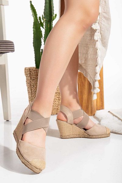 Kartezyen Beige Suede Padded - Straw Detailed Women's Heeled Shoes Model 03