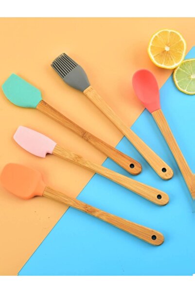 Manor Renkli ve Bambu Saplı Silikon Mini Spatula Seti (5li)