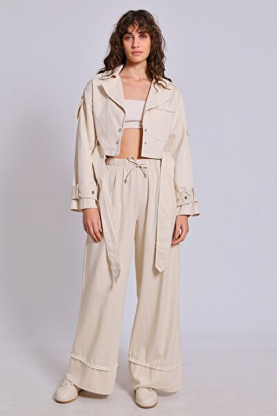 Suziş WOMEN'S STONE COLOR TROUSERS DETAILED RAW LINEN PALACE PANTALON 50941