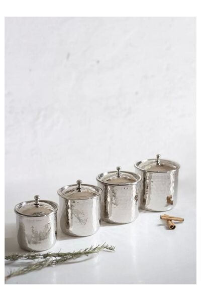 Bakır Concept طقم أوعية توابل نحاسية مطروقة يدويًا بلون فضي، 4 قطع